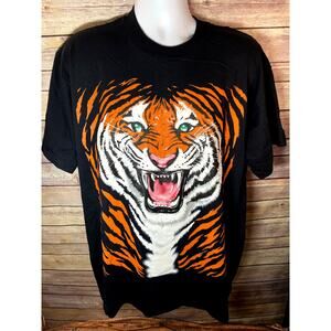 Vintage Tiger Print Animal Shirt Men L Black Graphic Casual Detroit Tigers